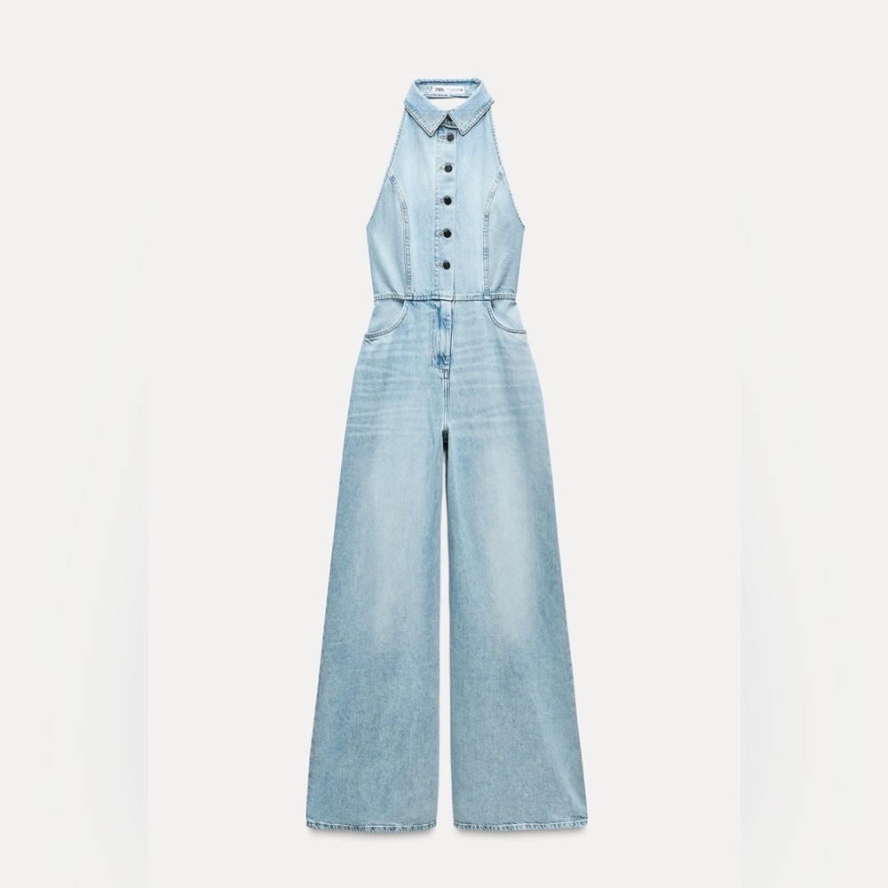 Zara jumpsuit denim halter wide leg open back bohemian casual summer - Picture 8 of 12